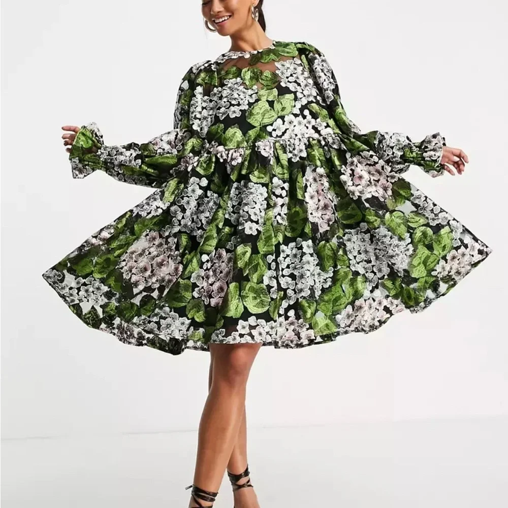 ASOS Black and Green Floral Lace Dress With Long Sleeve Captivating Sleeves - Picture 1 of 5